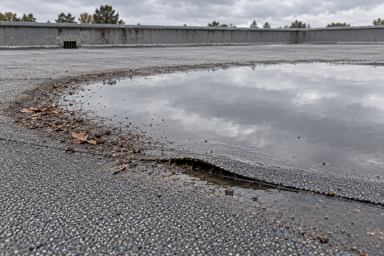 Standing water ponding on a granulated flat roof beside a lap seam that has opened