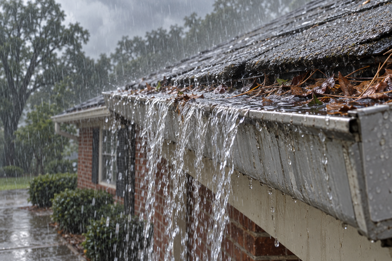 Rain spilling over a leaf-clogged gutter at the shingle eave of an older brick house