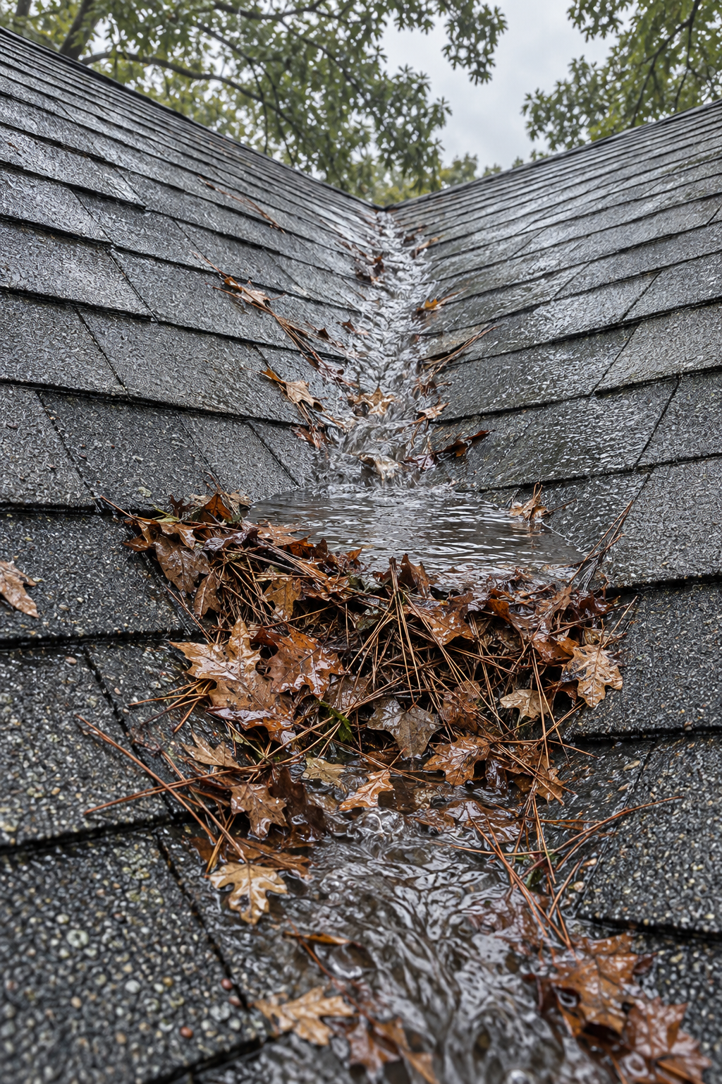 Rainwater running down a shingle roof valley past a clump of wet leaves and pine straw