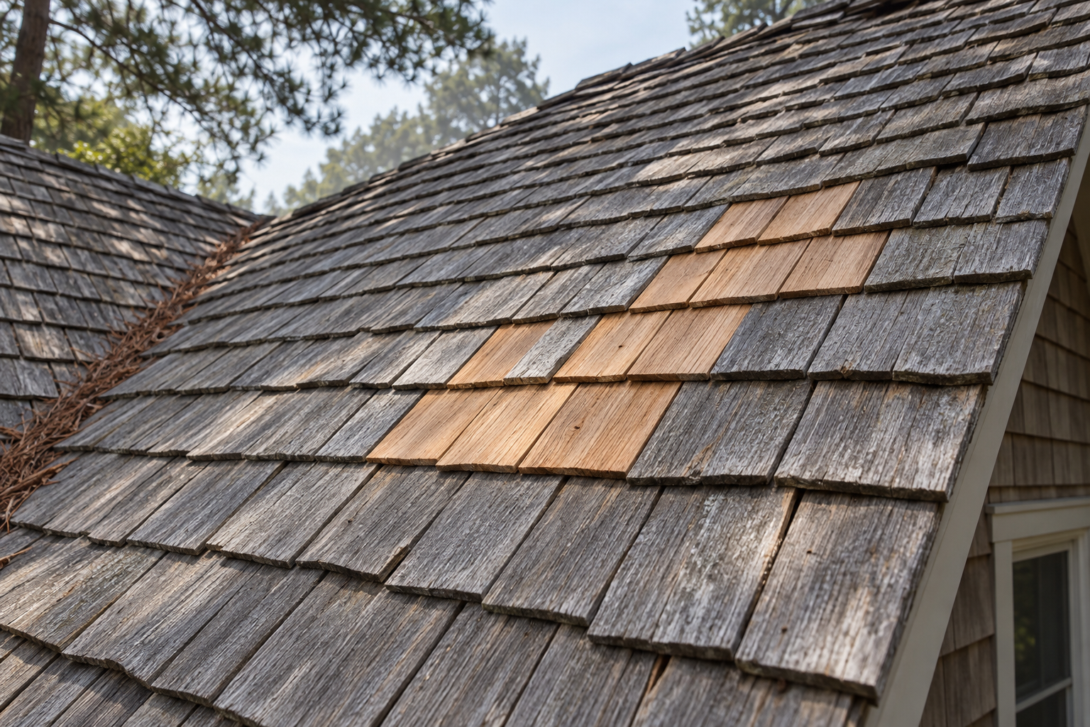 Fresh cedar shakes let into a weathered gray shake roof
