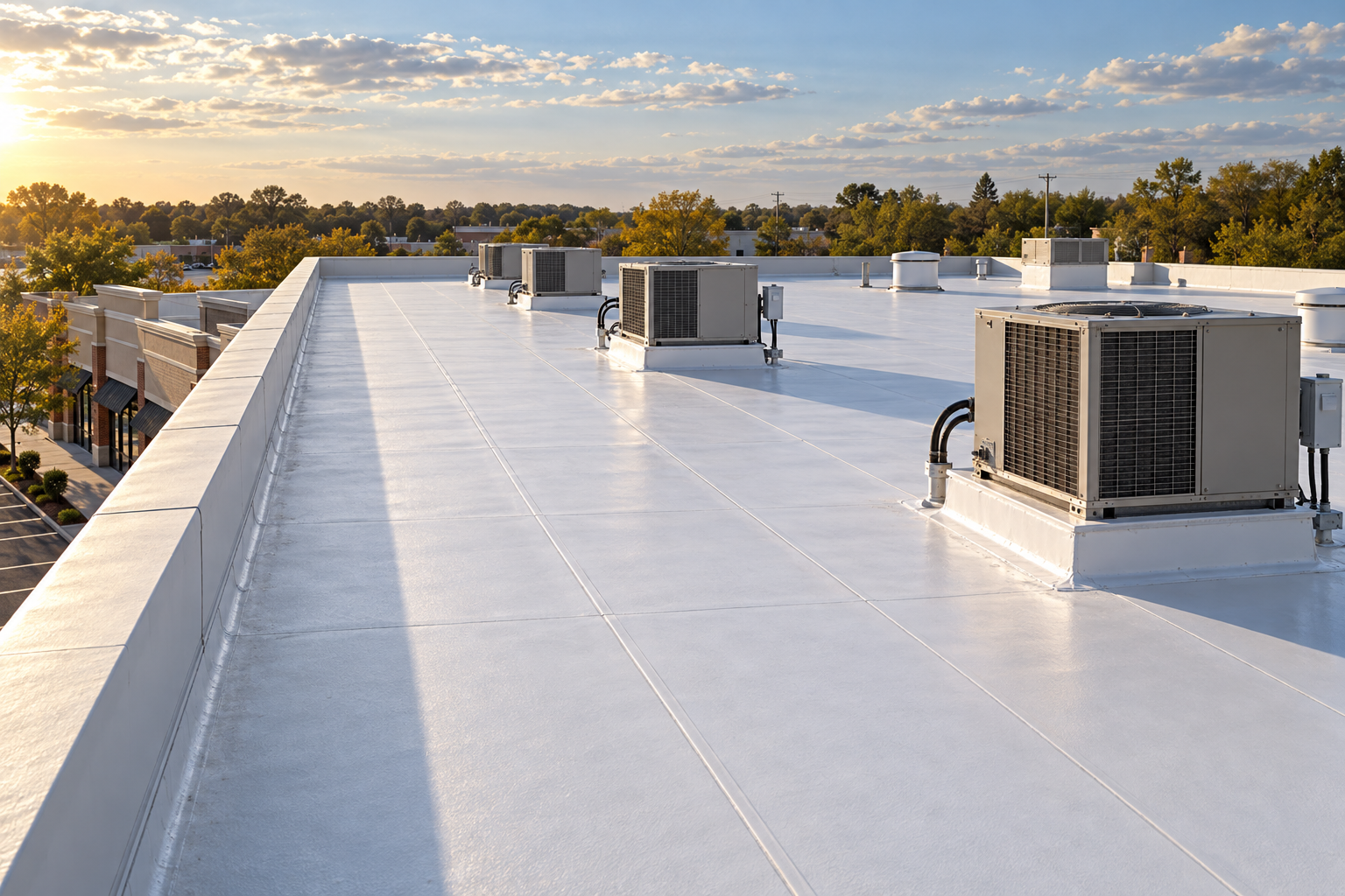 Membrane roof of a strip of shops with rooftop units and a parapet