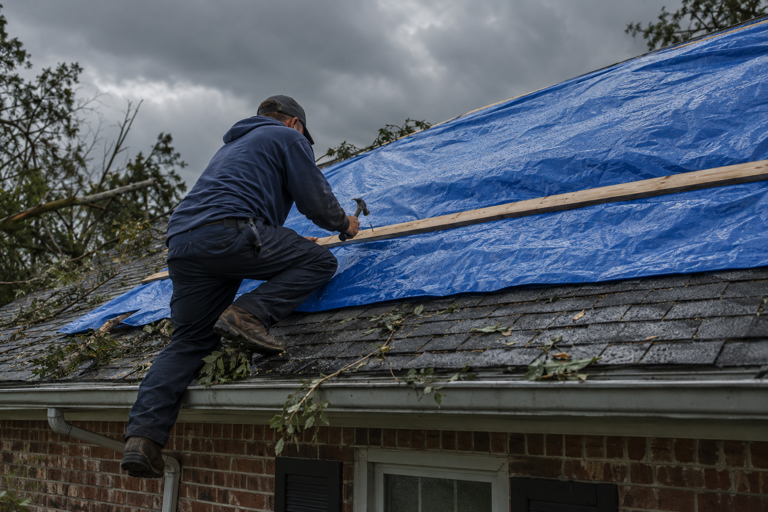 Blue tarp battened down over a storm-damaged section of a shingle roof