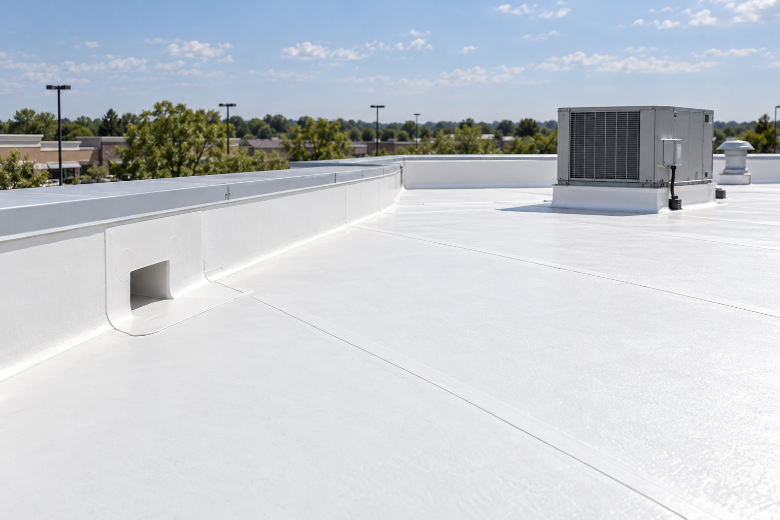 White membrane flat roof with a parapet and a scupper opening