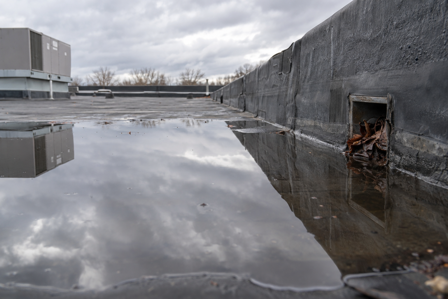 Standing water ponding on a membrane roof beside a clogged scupper