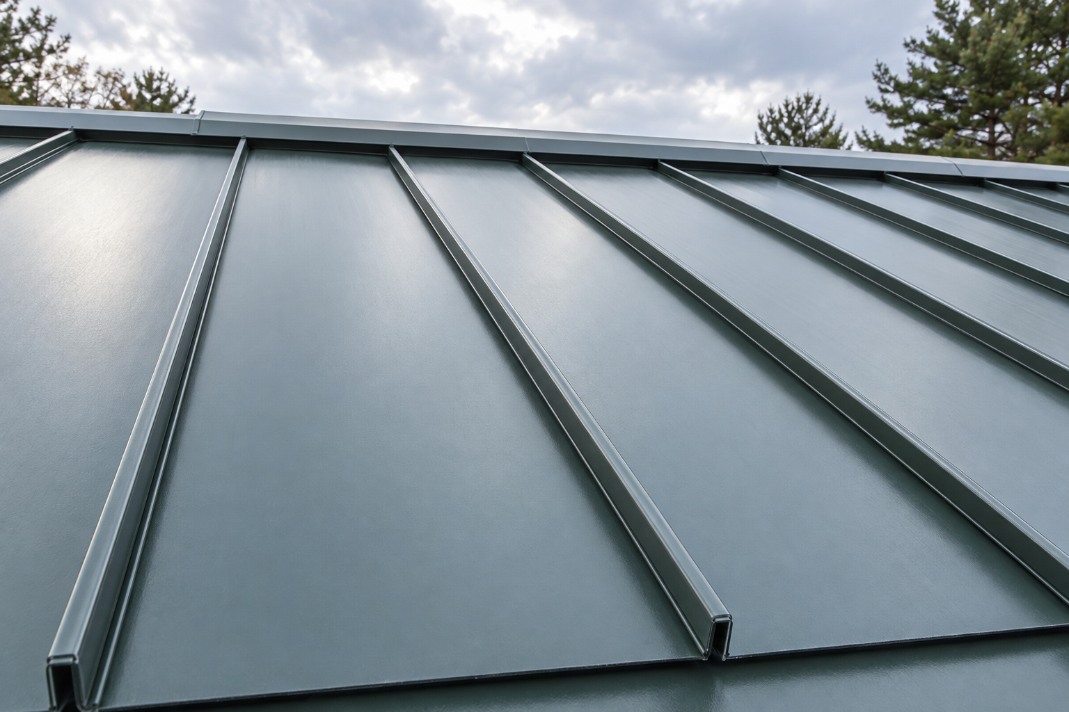Standing-seam metal roof panels running up to the ridge