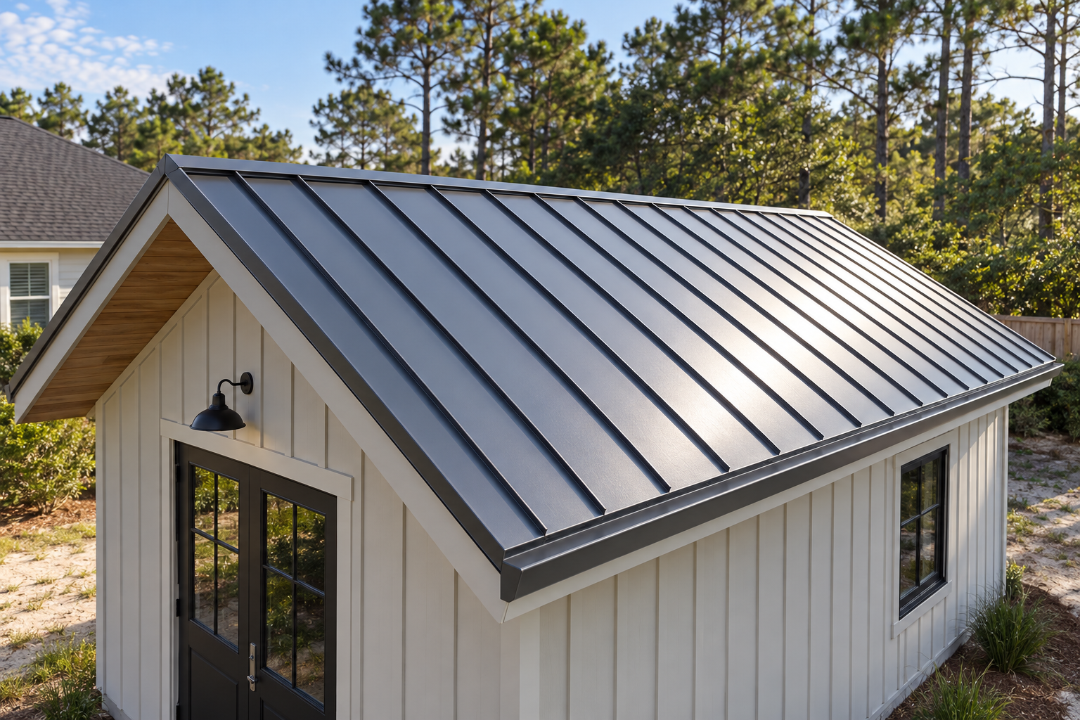 New standing-seam metal roof on a small workshop