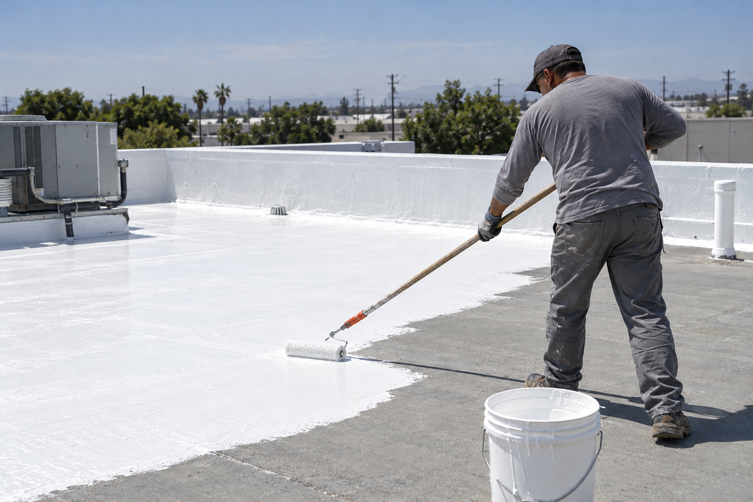 White roof coating being rolled across a low-slope roof