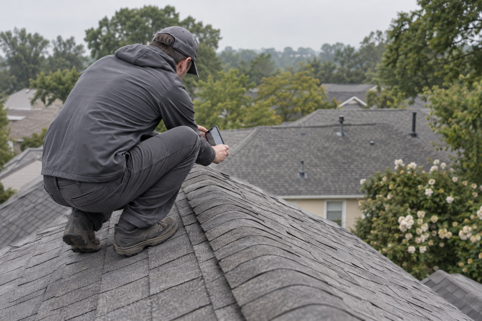 Roofer crouched on a ridge photographing a shingle slope