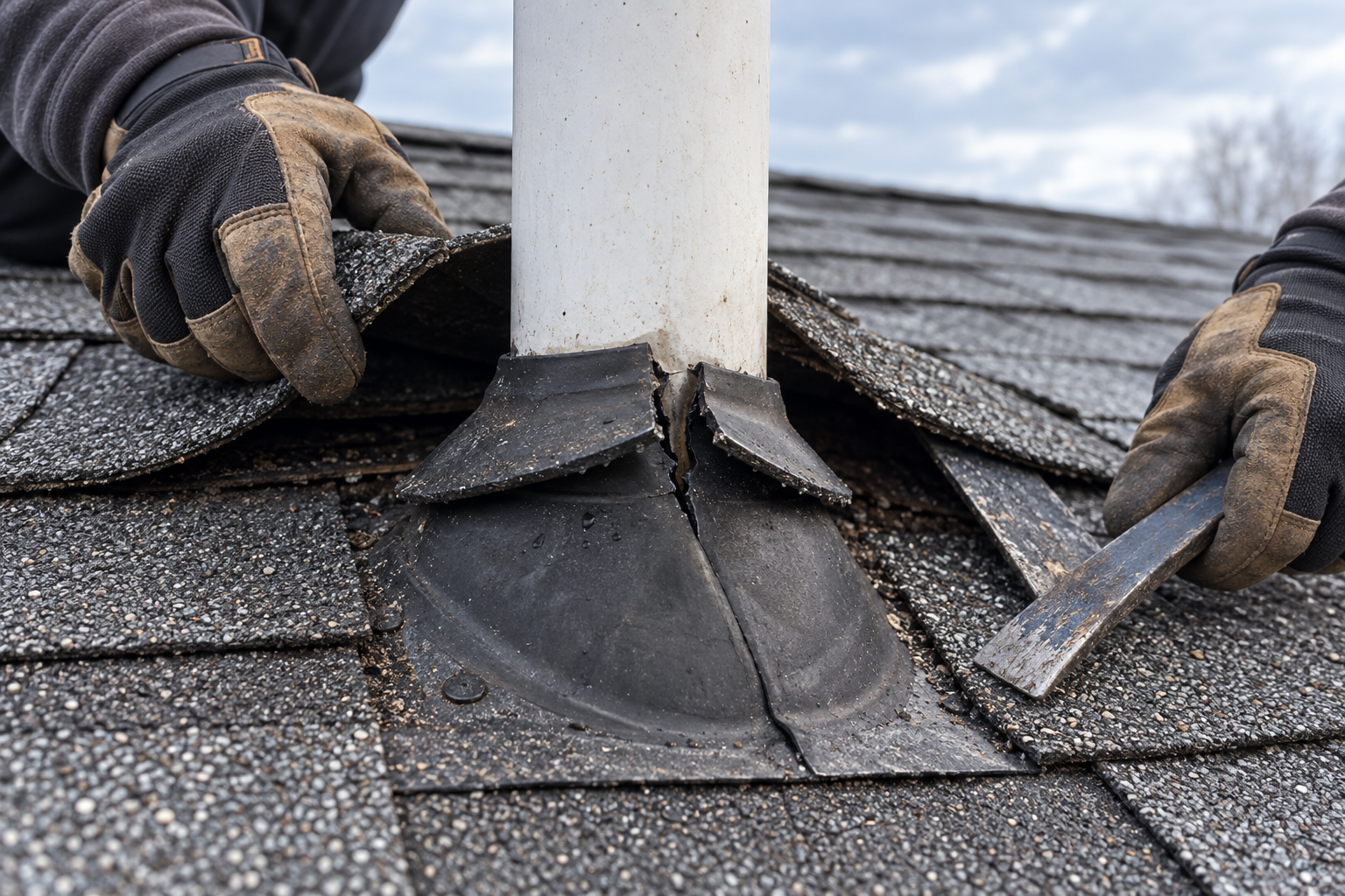 Gloved hands lifting shingles to expose a split rubber pipe boot