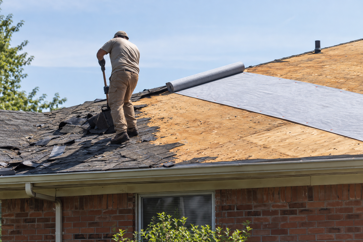 Roof tear-off in progress with new underlayment going down on the bare deck