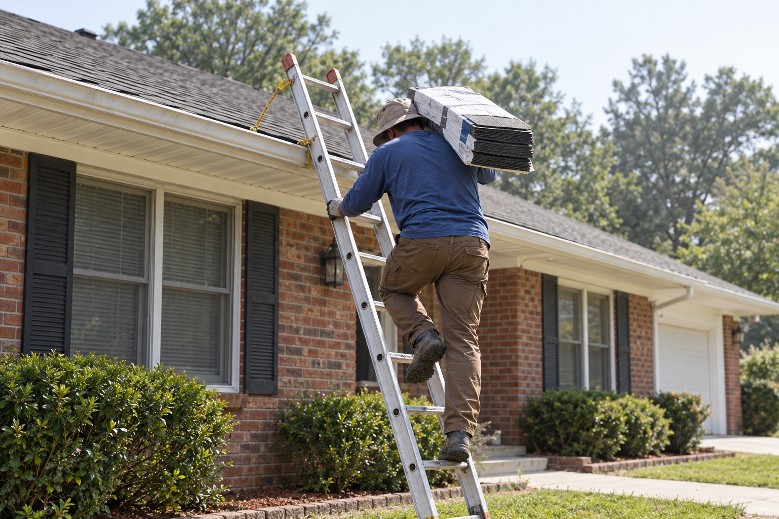 Roofer climbing a ladder to a brick ranch house roof with a bundle of shingles