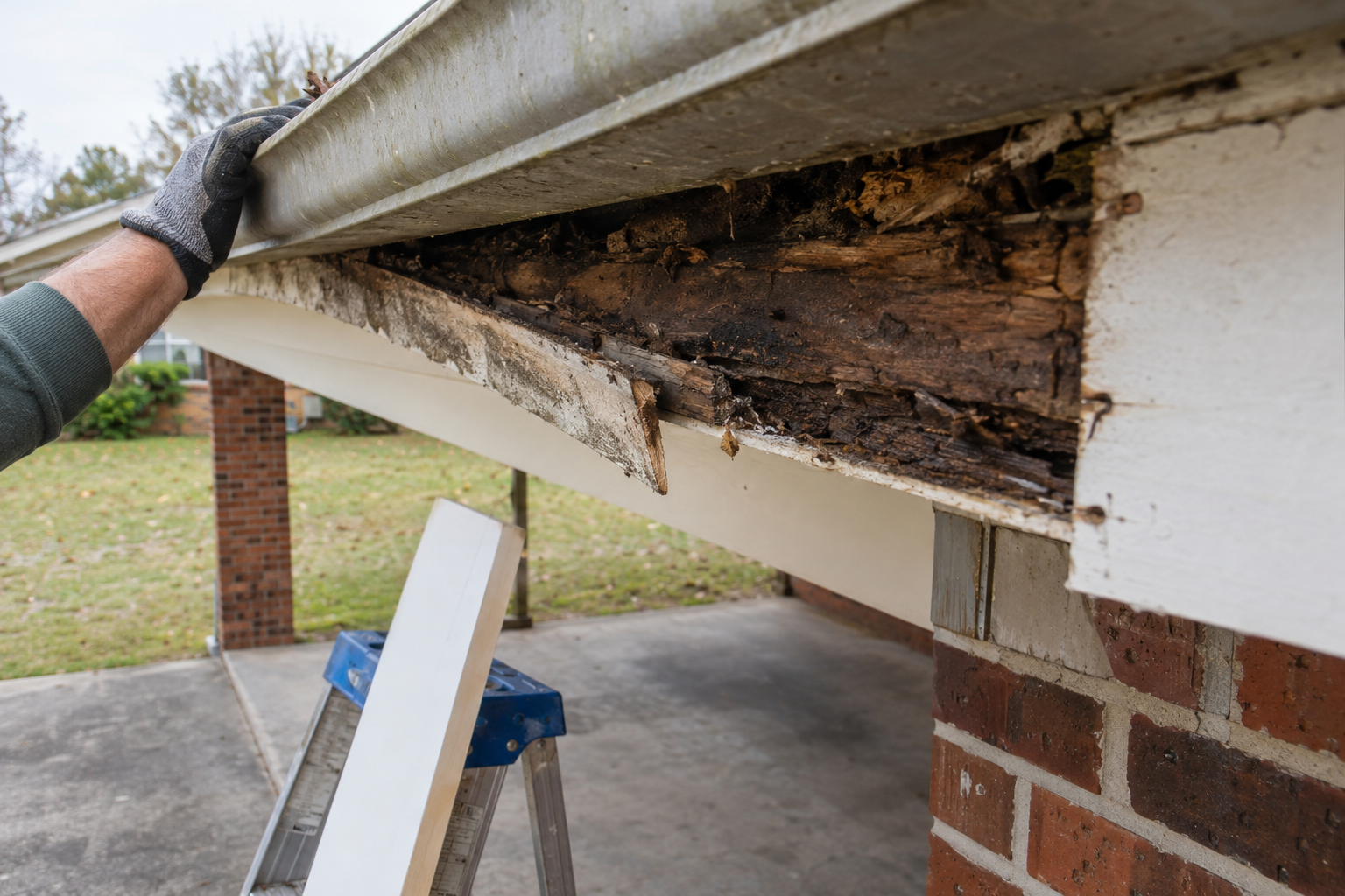 Rotted fascia board exposed under a sagging gutter at the eave of a house