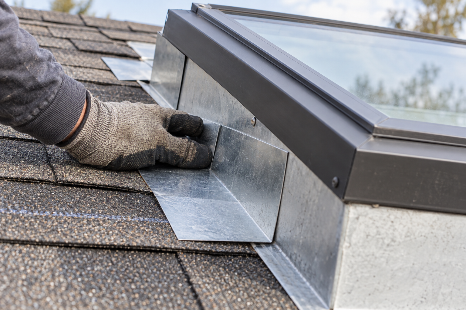 New step flashing fitted around a curb-mounted skylight