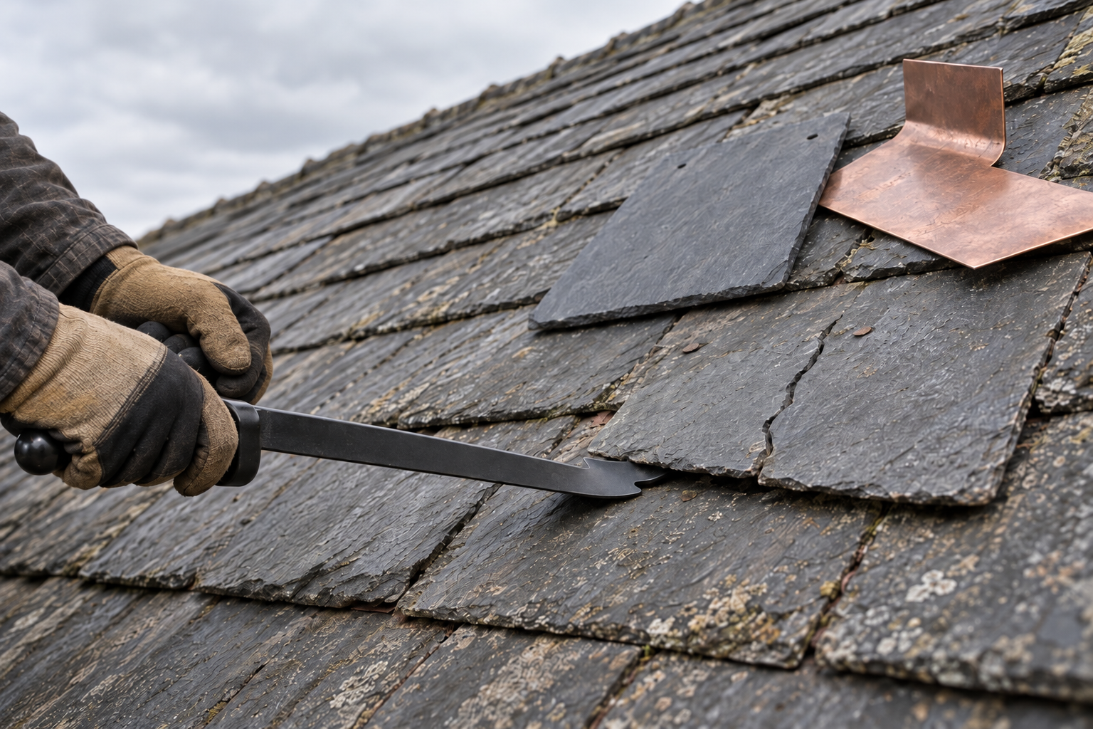 Slate ripper sliding under a cracked slate on a steep roof