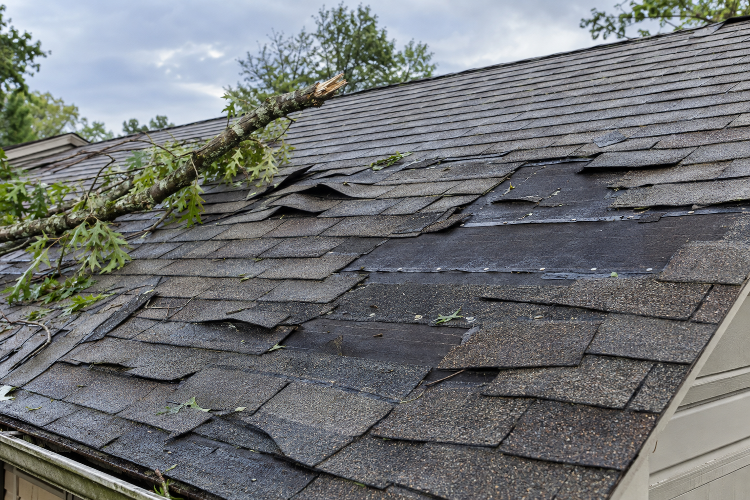 Shingle roof with tabs torn away by wind after a storm