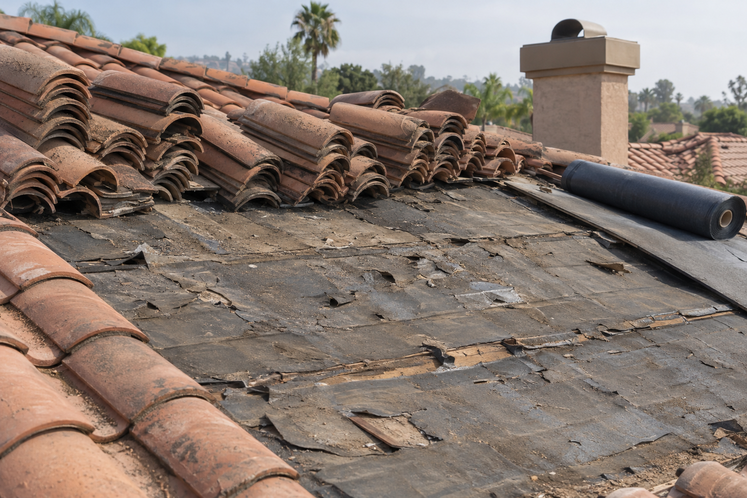 Clay tile lifted and stacked on a roof over worn underlayment