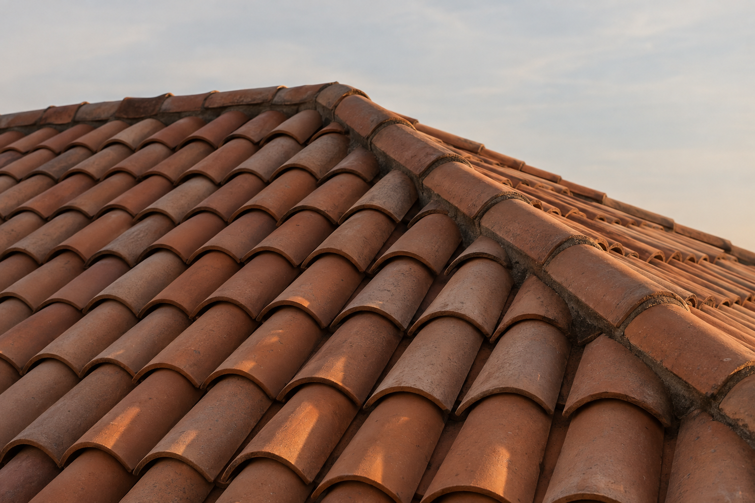 Clay barrel tile roof seen close across its surface