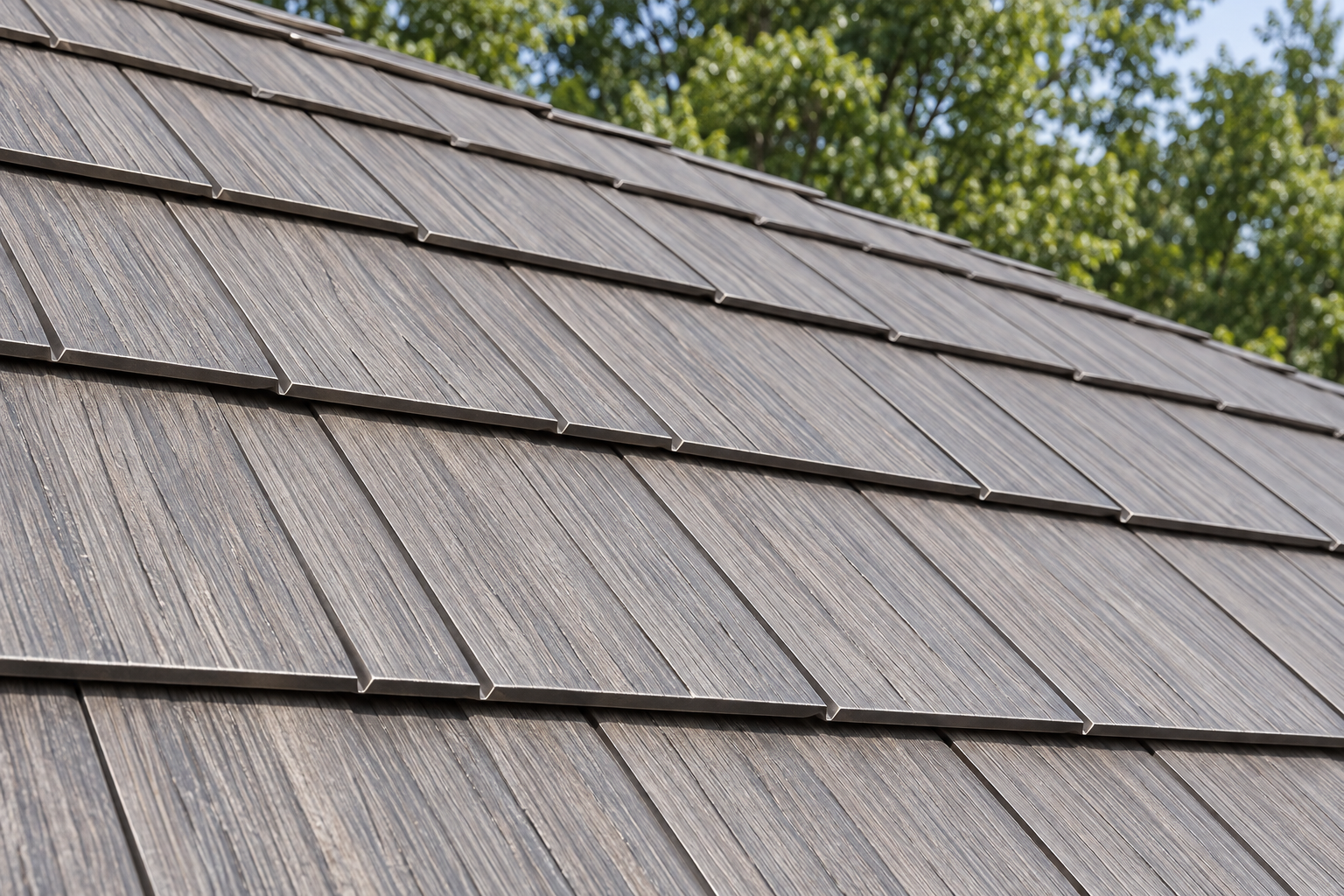 Aluminum roofing shaped like wood shakes, laid in overlapping courses