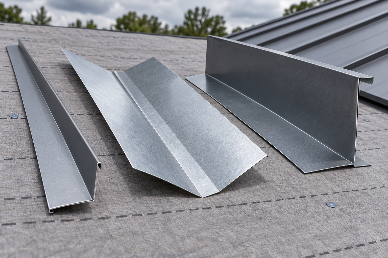 Bent sheet-metal drip edge and valley flashing set out on a roof