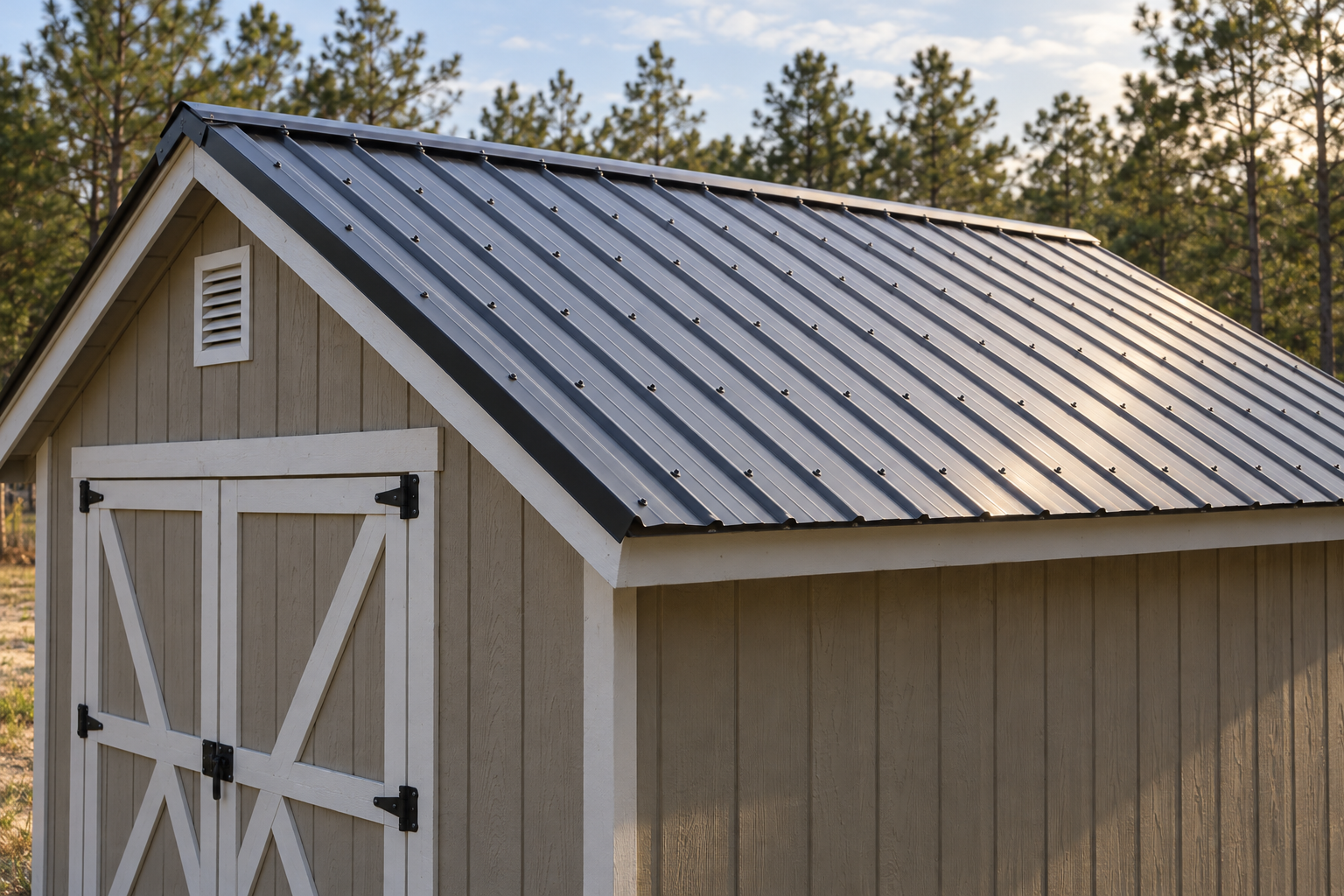 Ribbed metal roof panels with rows of screws on a small outbuilding