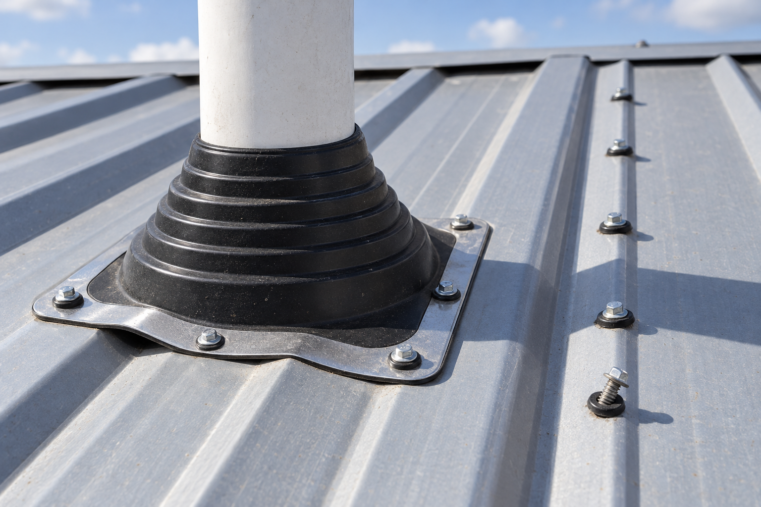 Pipe flashing and a line of fasteners on a ribbed metal roof panel, seen close