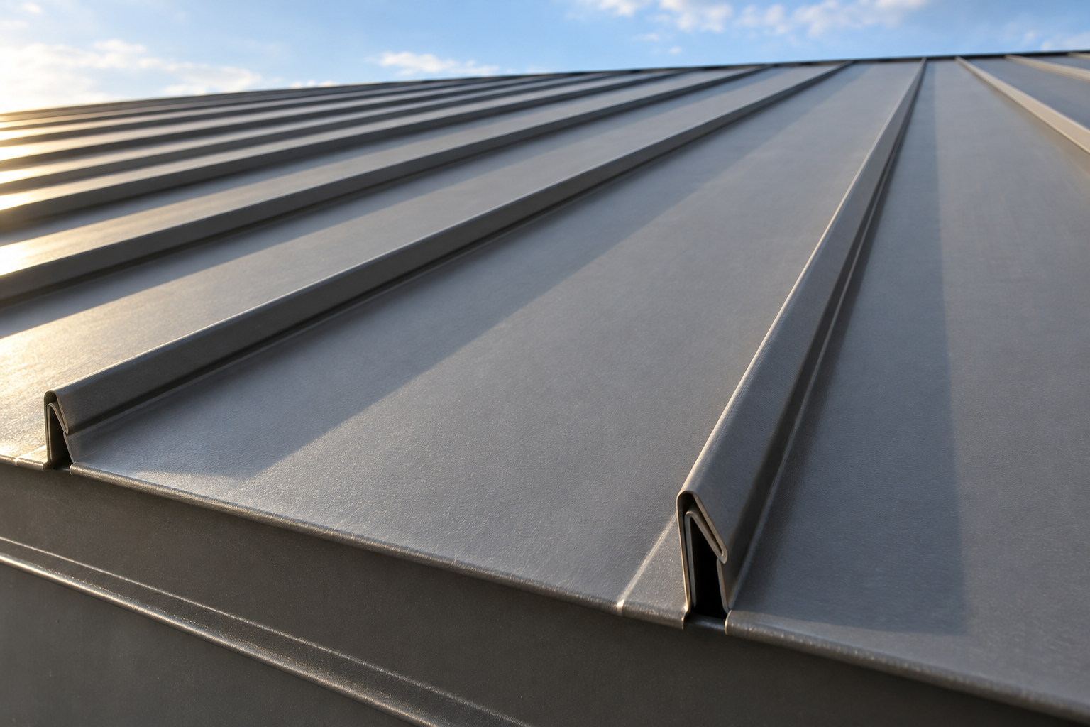 Close view of raised standing seams running down a metal roof to the eave