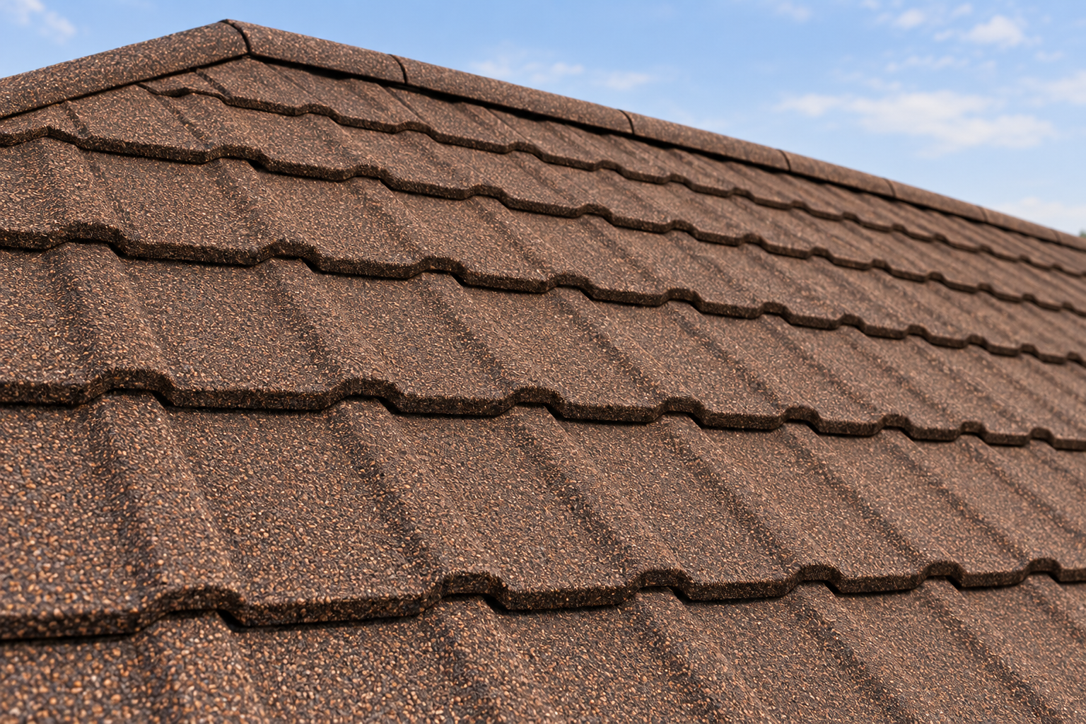 Stone-coated steel roof panels shaped like shingles, seen close