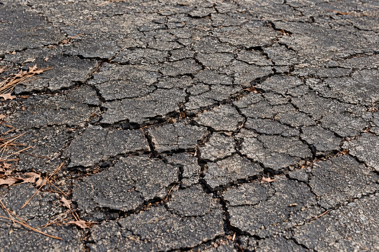 Aged flat roof surface crazed with deep alligator cracks before coating