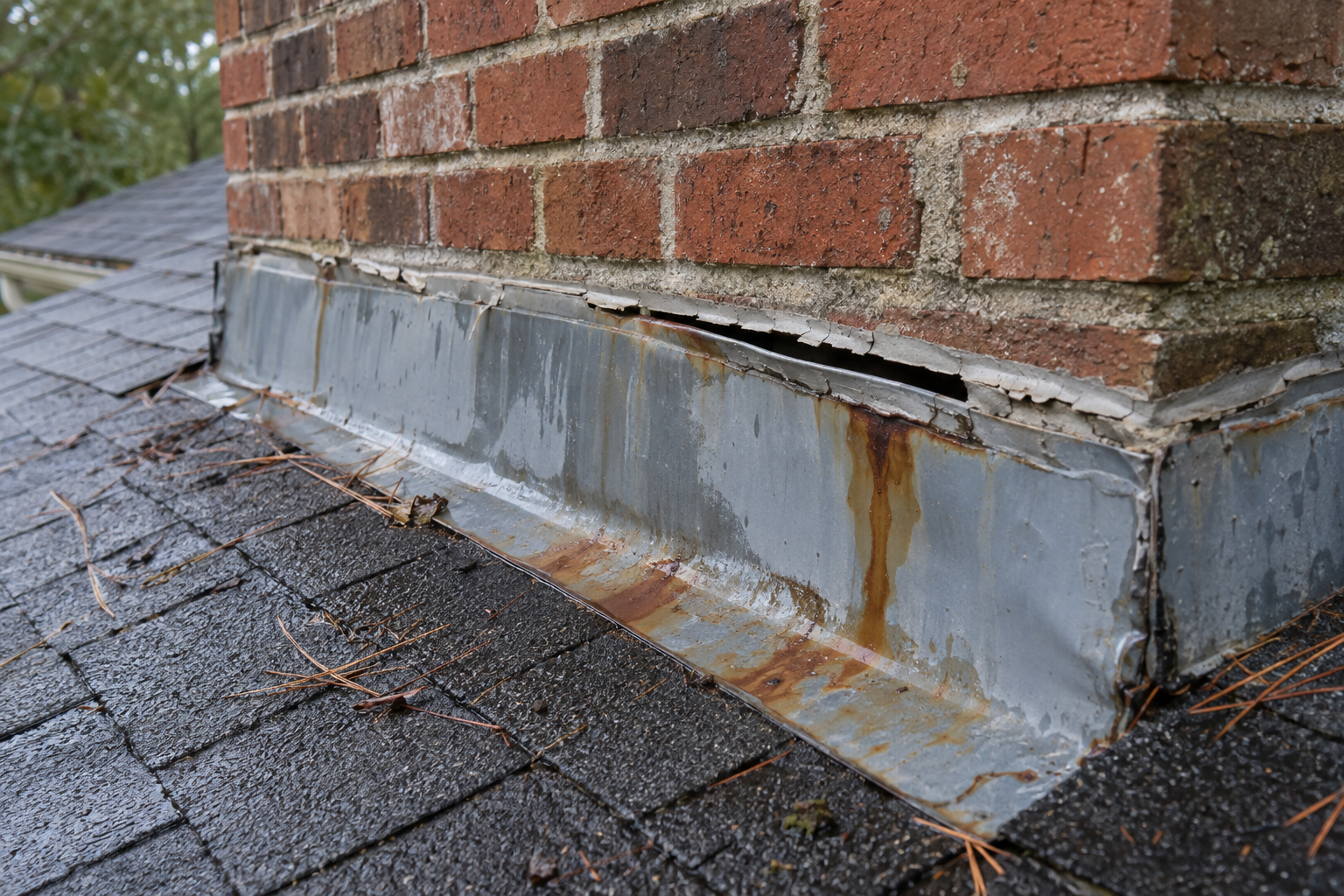 Counterflashing pulled loose from a brick chimney, its old caulk bead cracked and rust streaking the metal below