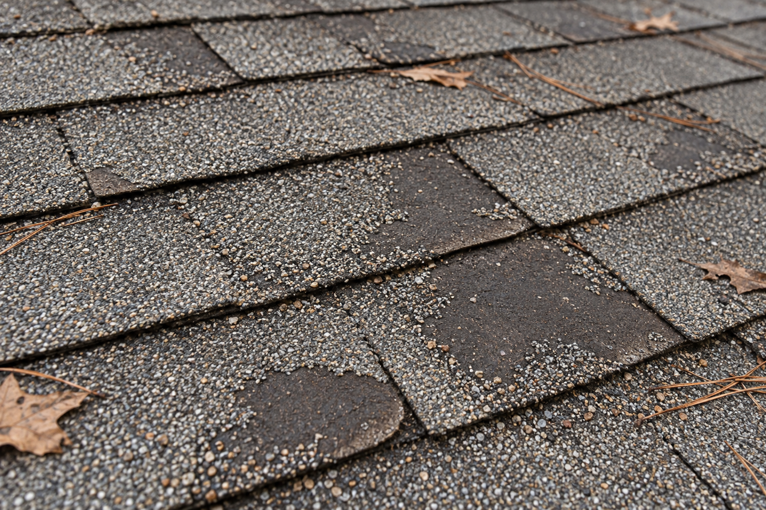 Aged asphalt shingles with bald spots where the granules have worn away