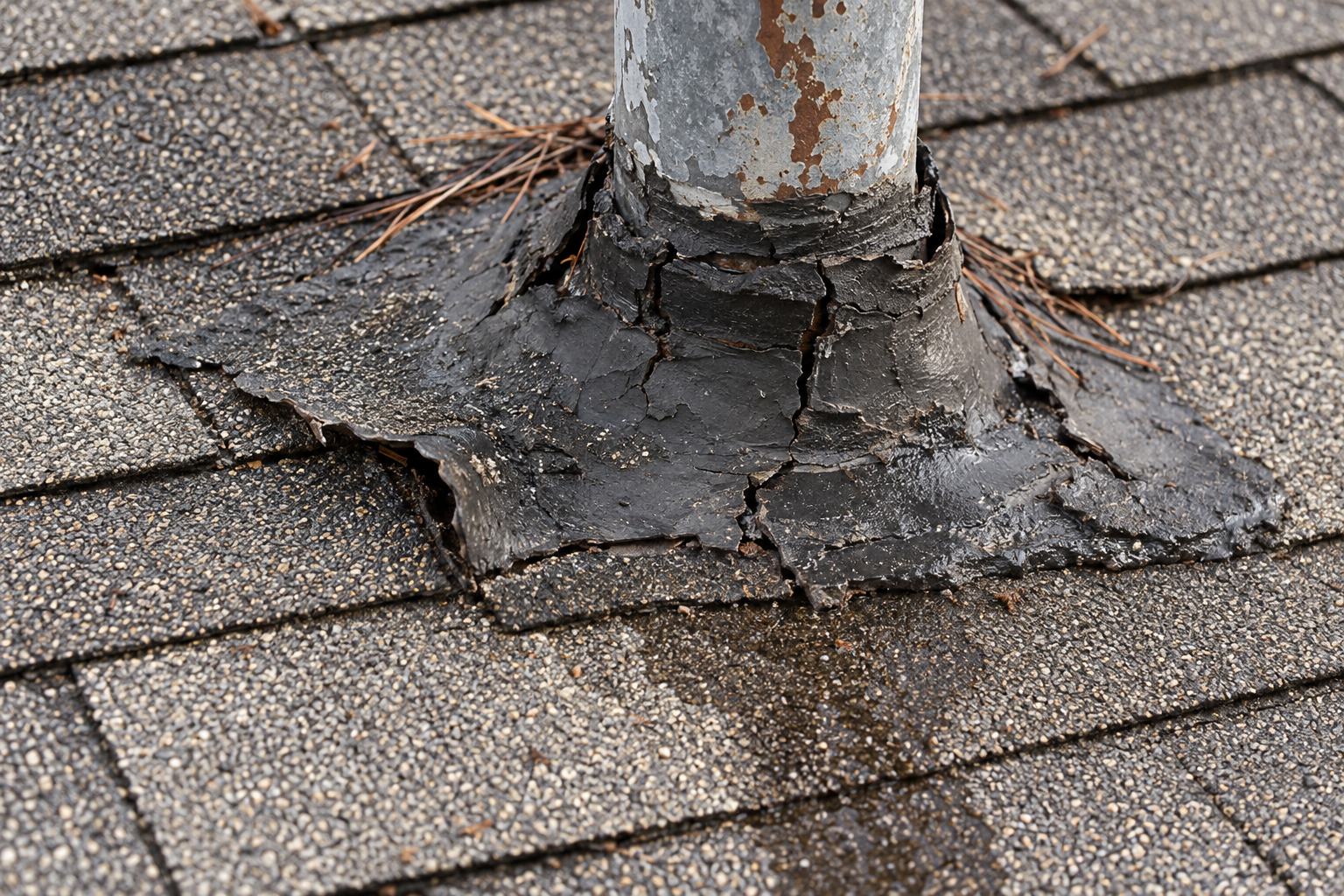 Cracked black roofing cement smeared around a vent pipe on a shingle roof
