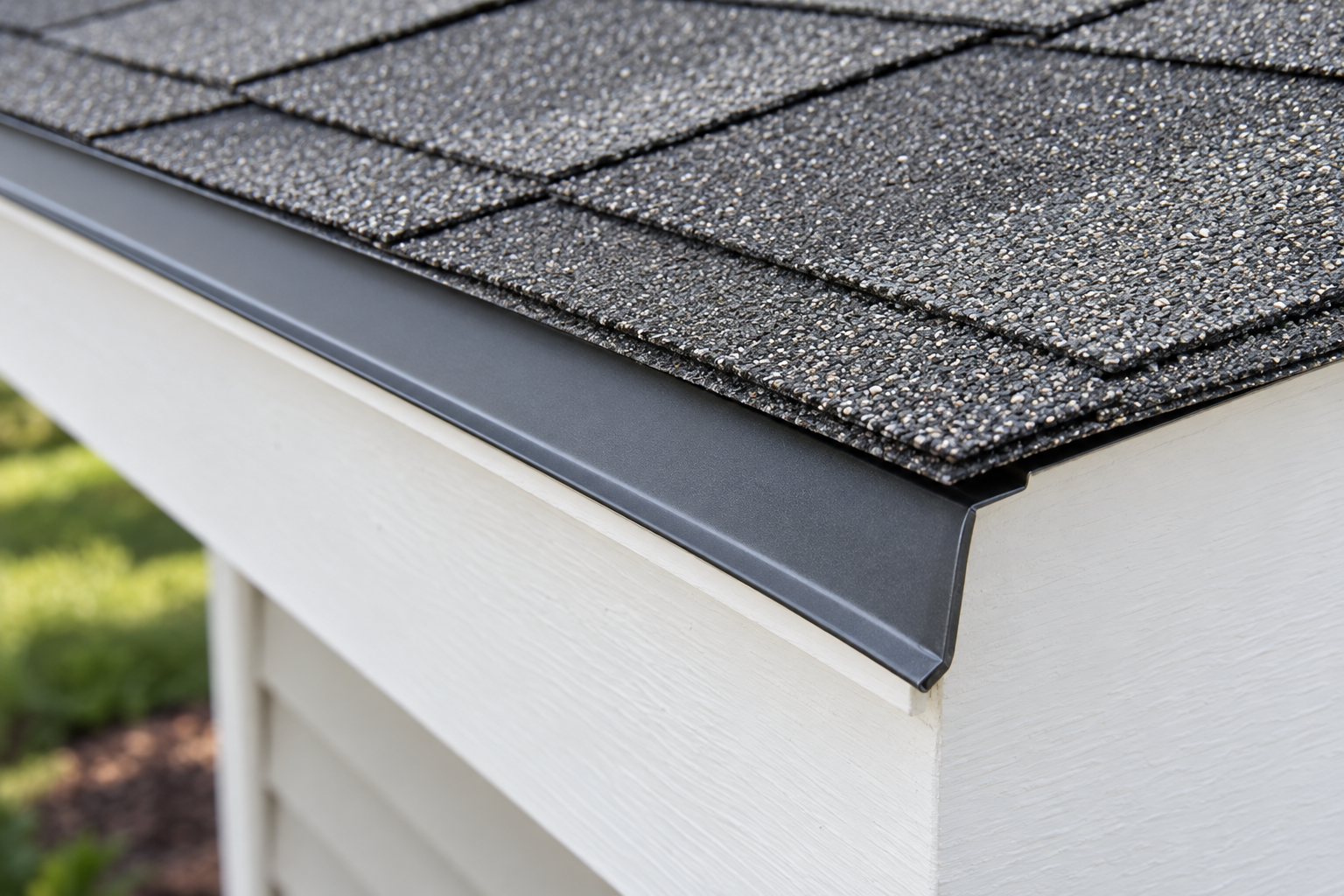 New drip edge and sealed starter course under the first row of shingles at a roof eave