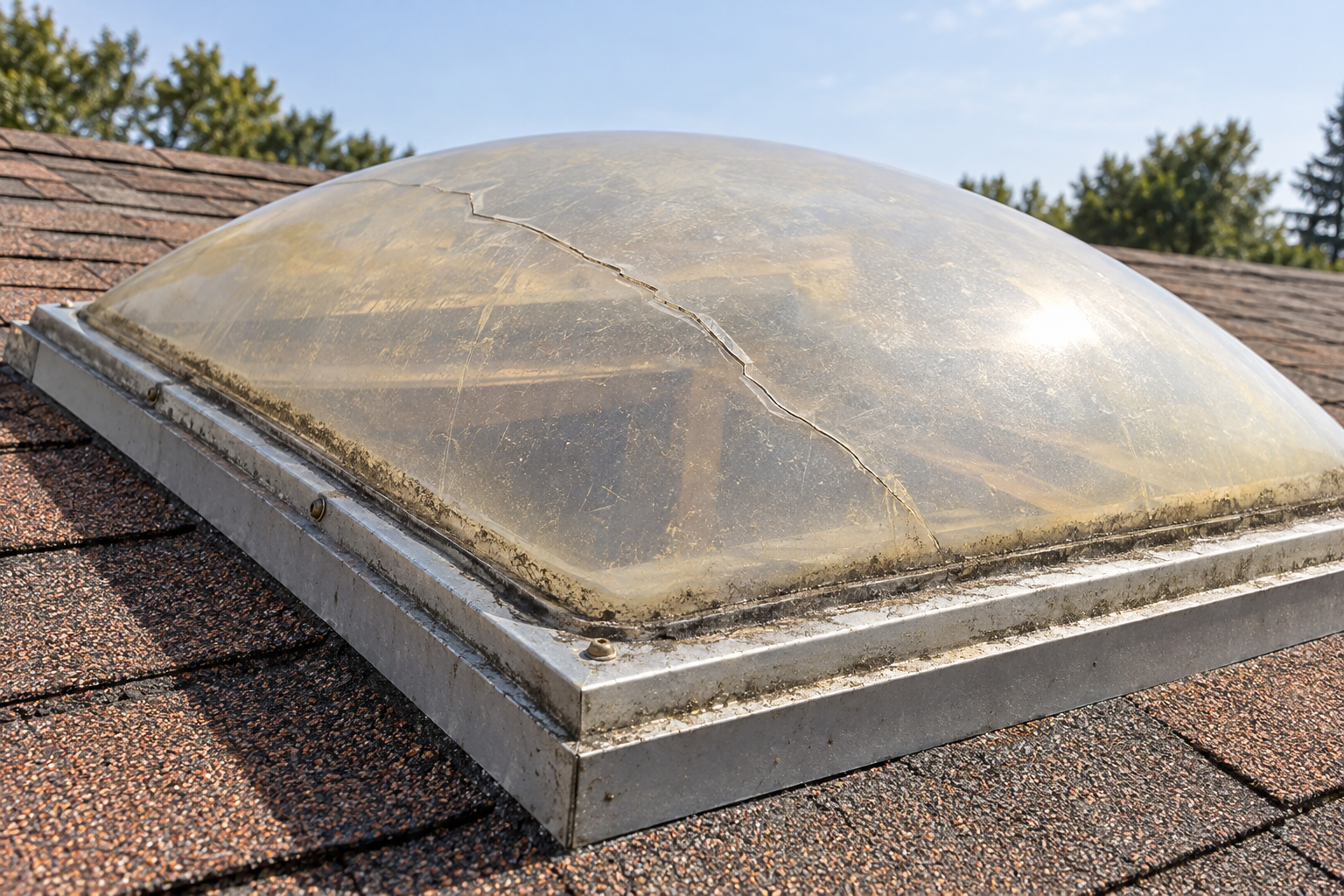 Cracked, sun-yellowed acrylic skylight dome on a shingle roof seen from the roof side