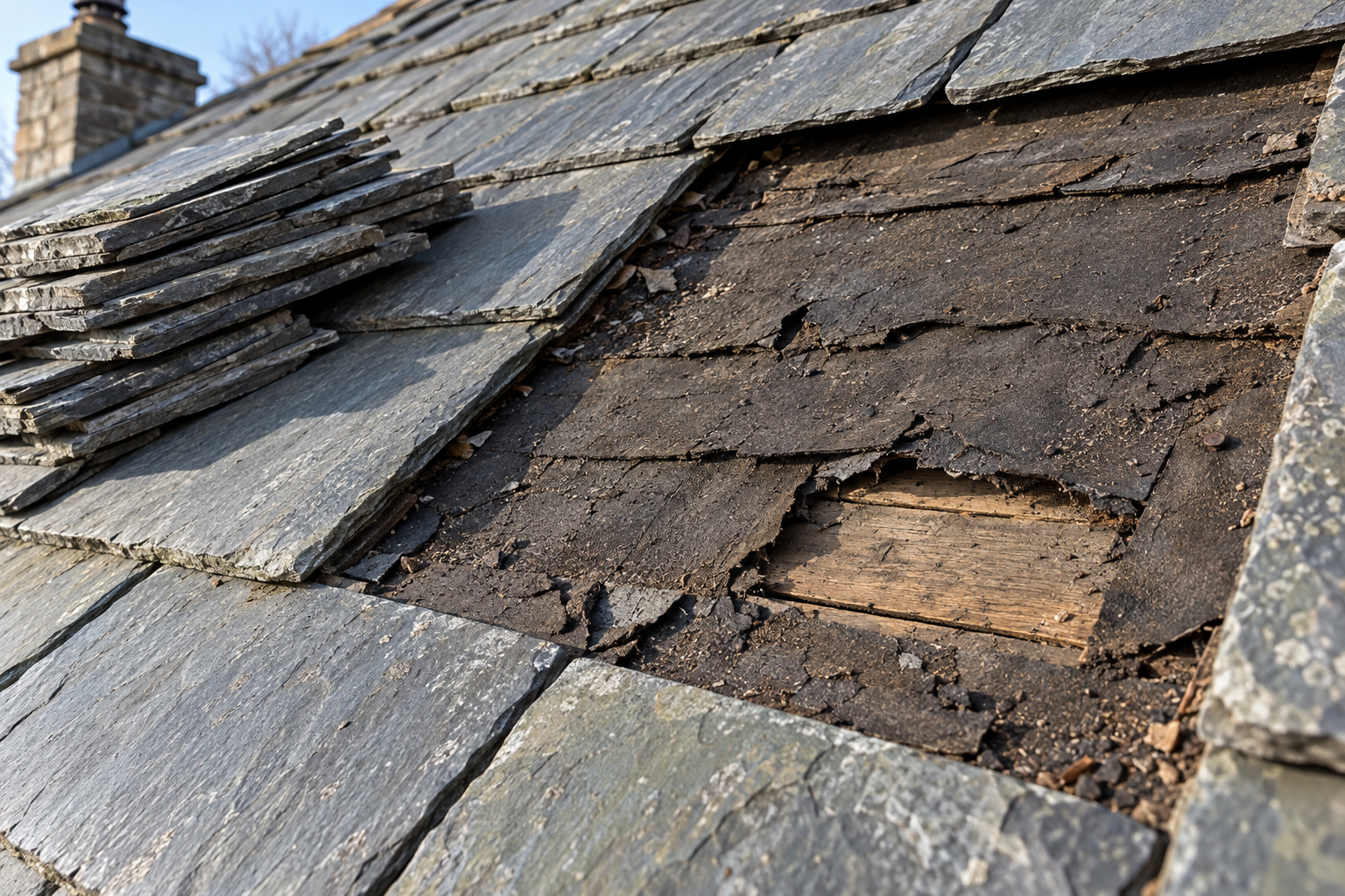 Old slate roof opened up to show brittle, torn felt underlayment, with the lifted slates stacked beside it